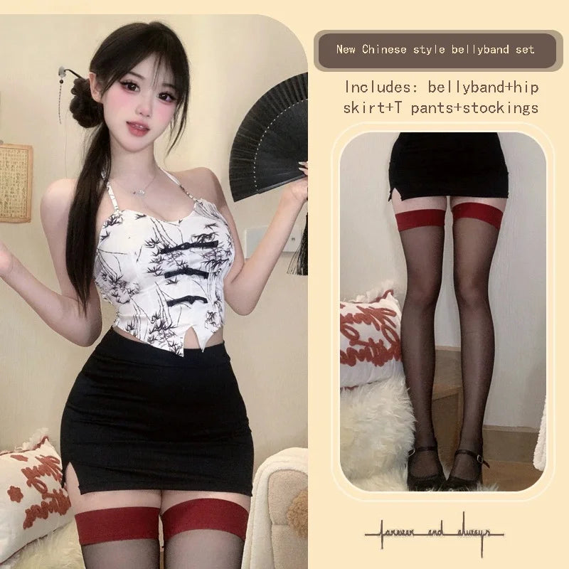 Flirtatious Ink Wash Smoke Rain Chinese Style Lingerie Retro Slimming Bag Skirt Spicy Girl Tie Up Bellyband Set