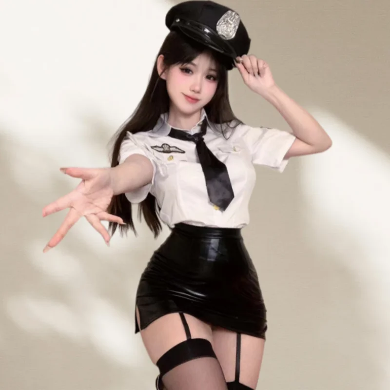 Flirtatious Temptation PoliceQueen Style Lingerie Cosplay Flight Attendant Tight Fitting Hip Hugging Leather Skirt