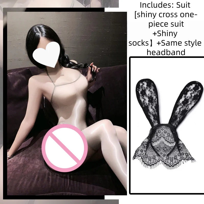 Highly Elastic Glossy See-through Open-crotch One-piece Lingerie Set Seductive Sheer and Tempting No Need To Take Off