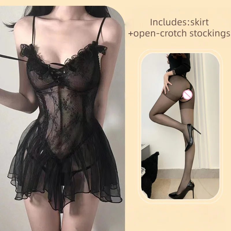 Flirtatious Backless Thin Version Temptation Lingerie Lace Up Suspender Skirt Lace Mesh See Through Skirt Nightgown