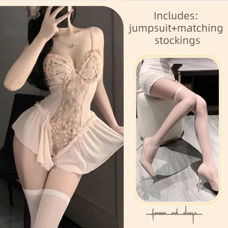Skirt Summer Seductive Temptation Embroidered Tight Fitting One-piece Lingerie Slimming Gathering Floral Mesh Straps