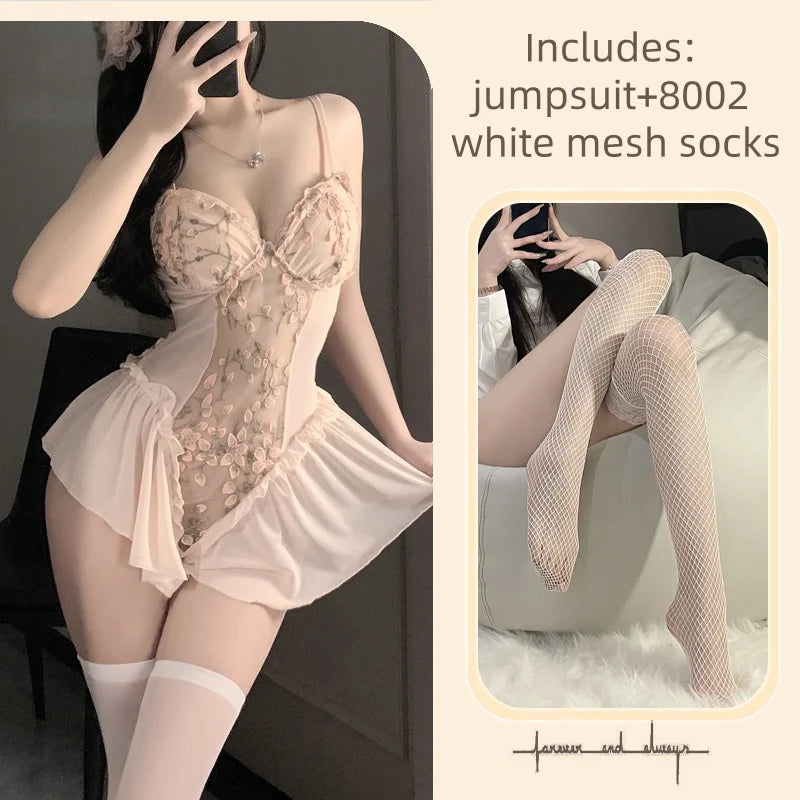 Skirt Summer Seductive Temptation Embroidered Tight Fitting One-piece Lingerie Slimming Gathering Floral Mesh Straps