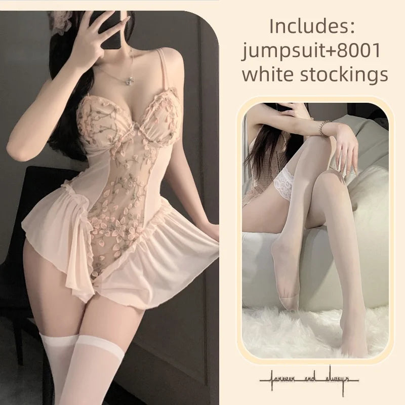 Skirt Summer Seductive Temptation Embroidered Tight Fitting One-piece Lingerie Slimming Gathering Floral Mesh Straps