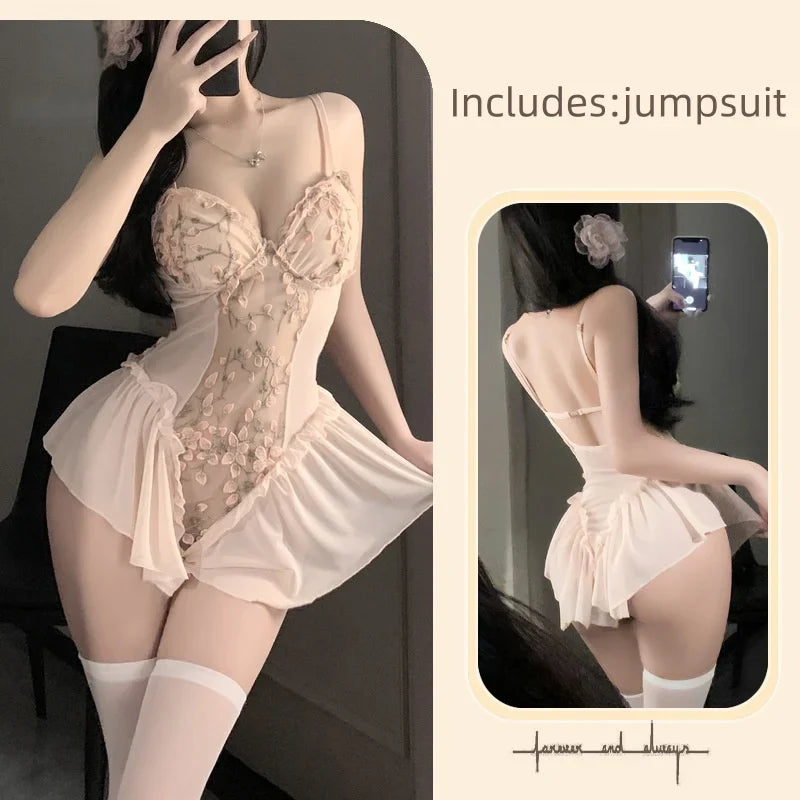 Skirt Summer Seductive Temptation Embroidered Tight Fitting One-piece Lingerie Slimming Gathering Floral Mesh Straps