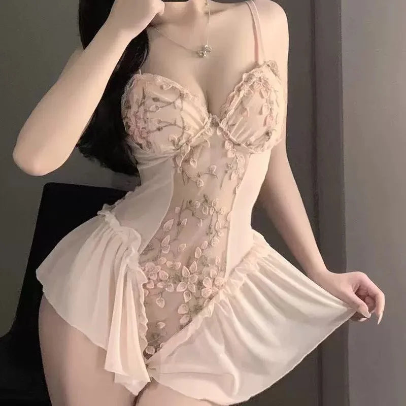 Skirt Summer Seductive Temptation Embroidered Tight Fitting One-piece Lingerie Slimming Gathering Floral Mesh Straps