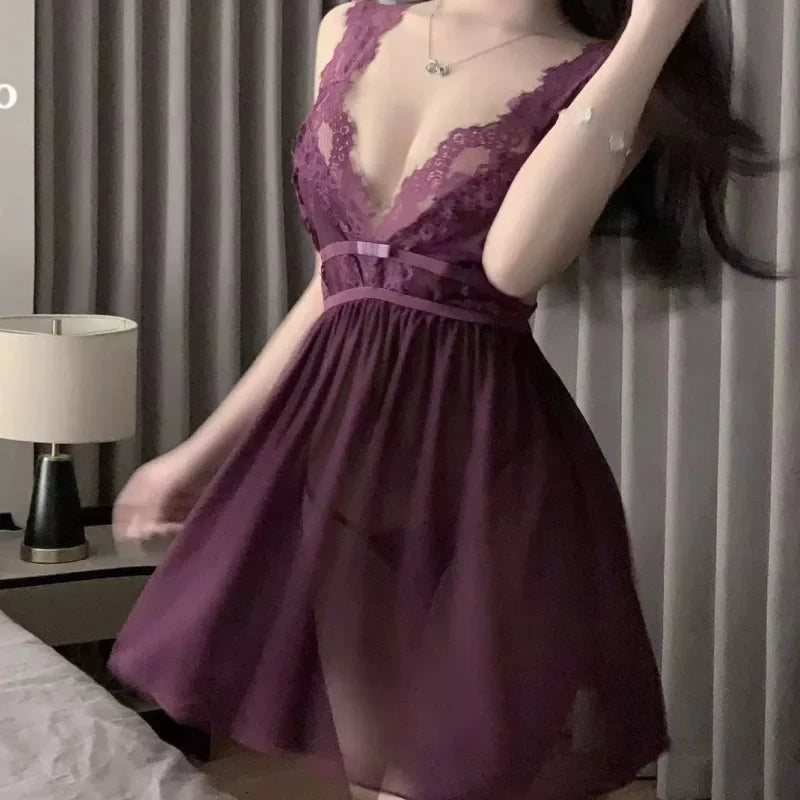 Skirt Summer Seductive Temptation Lace Purple Waist-cinching Nightgown Sheer Deep V Backless Lingerie Seduction Set