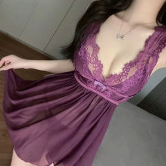 Skirt Summer Seductive Temptation Lace Purple Waist-cinching Nightgown Sheer Deep V Backless Lingerie Seduction Set
