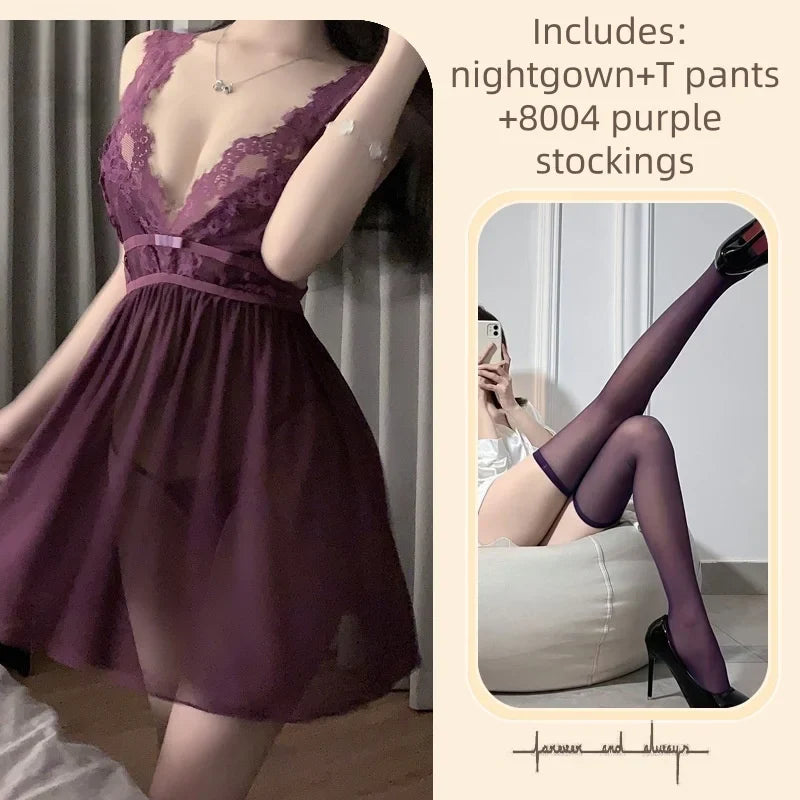 Skirt Summer Seductive Temptation Lace Purple Waist-cinching Nightgown Sheer Deep V Backless Lingerie Seduction Set