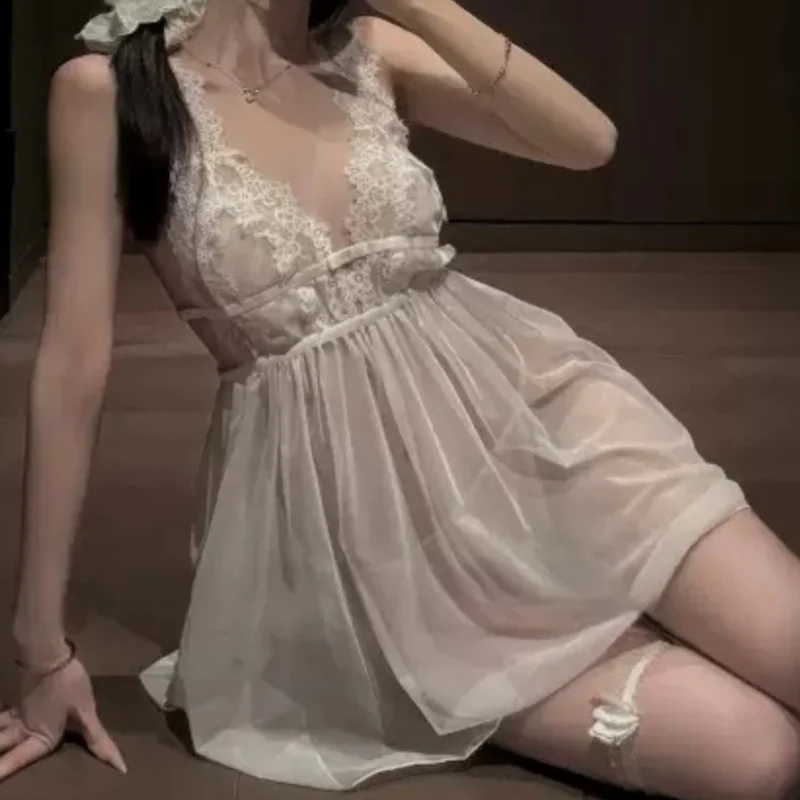 Skirt Summer Seductive Temptation Lace Purple Waist-cinching Nightgown Sheer Deep V Backless Lingerie Seduction Set