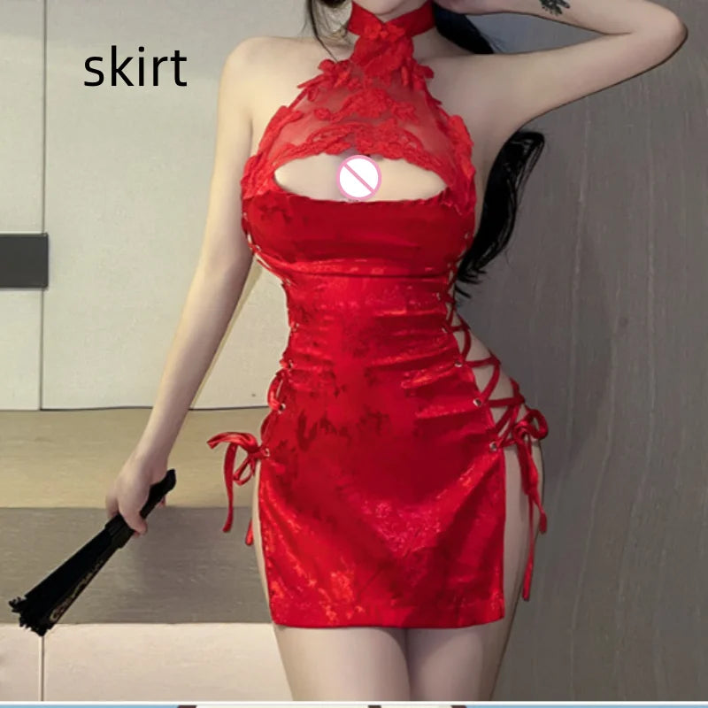 Lace Backless Slit Qipao Style Lingerie Neck Hanging Tempting Passionate Hollowed Out Leak Back Strap High Slit Uniform Set