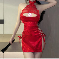 Lace Backless Slit Qipao Style Lingerie Neck Hanging Tempting Passionate Hollowed Out Leak Back Strap High Slit Uniform Set