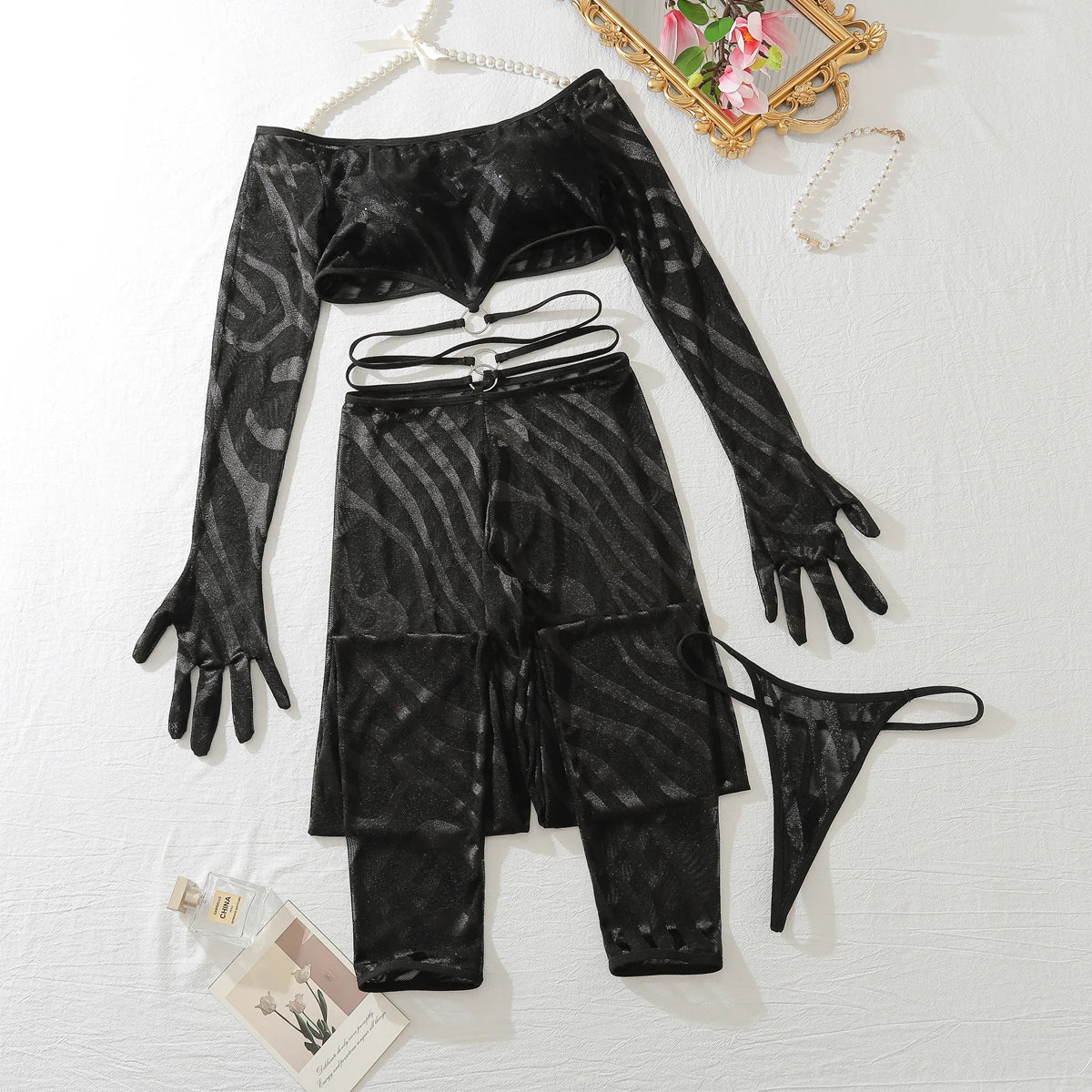 Hollow Lace Girl Suit Fishing Net Tights Nightclub Temptation Erotic Lingerie three-piece Suit