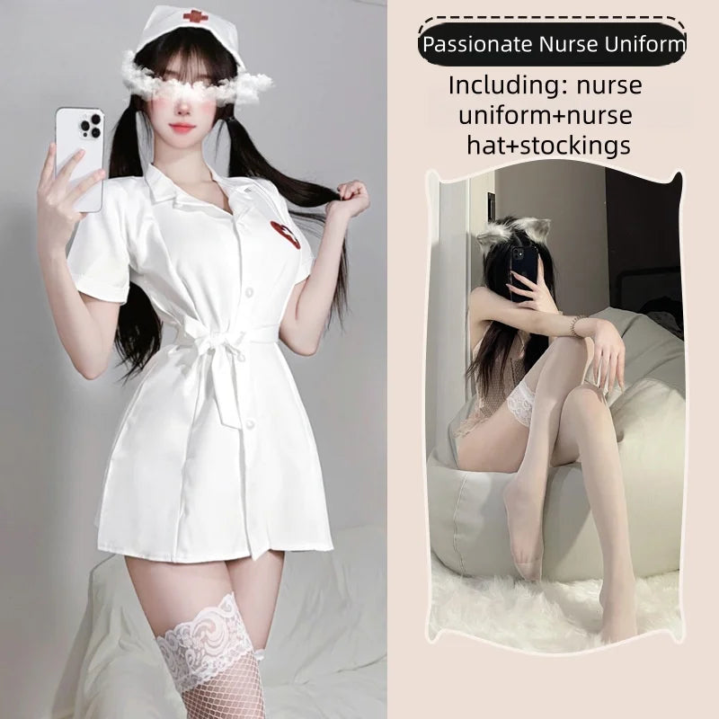 Mini Fairy Elegant Sweet Charming Seductive Nurse Outfit Lingerie Deep V Seduction Uniform Set Pajama