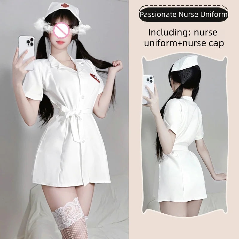 Mini Fairy Elegant Sweet Charming Seductive Nurse Outfit Lingerie Deep V Seduction Uniform Set Pajama