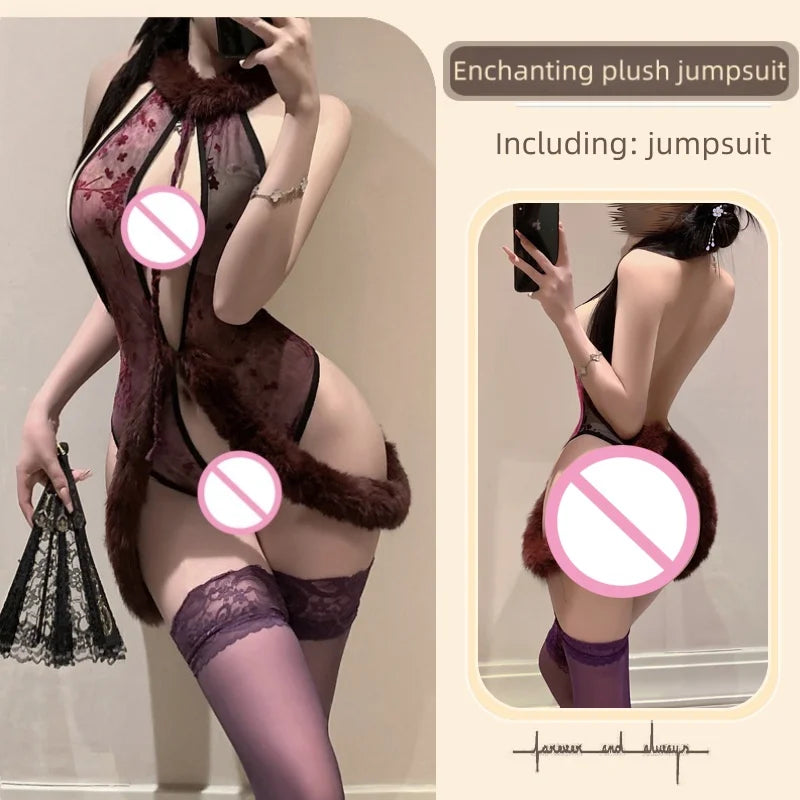Off-shoulder Backless Slit Deep V High Waist Temptation Flirtatious Chinese Style One-piece Plush Printed Mesh Lingerie