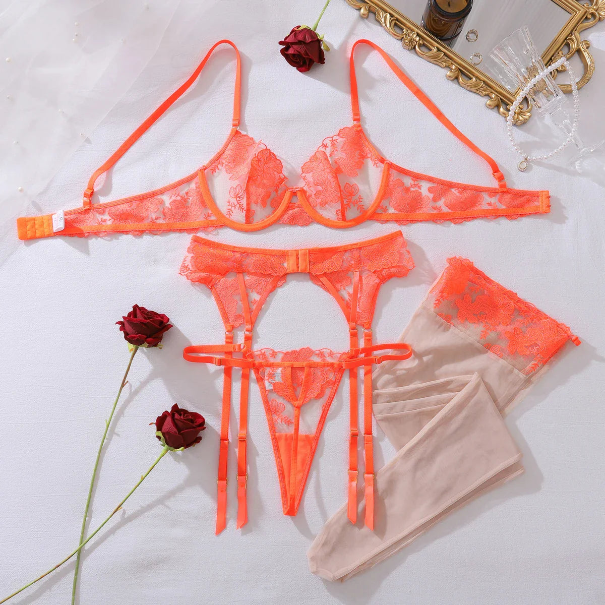 Perspective Flower Embroidery Gathering Body shaping Underwear Split Set Four Piece Set with Leg Socks