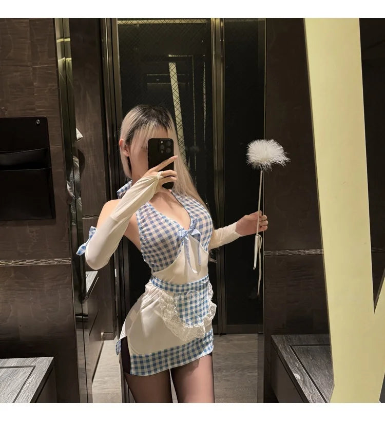 Pure Desire Blue Maid Halter Hips-hugging Dress Deep V Low-cut Backless Little Kitchen Maid Lingerie Fun Sleeping Dress