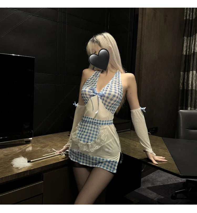 Pure Desire Blue Maid Halter Hips-hugging Dress Deep V Low-cut Backless Little Kitchen Maid Lingerie Fun Sleeping Dress