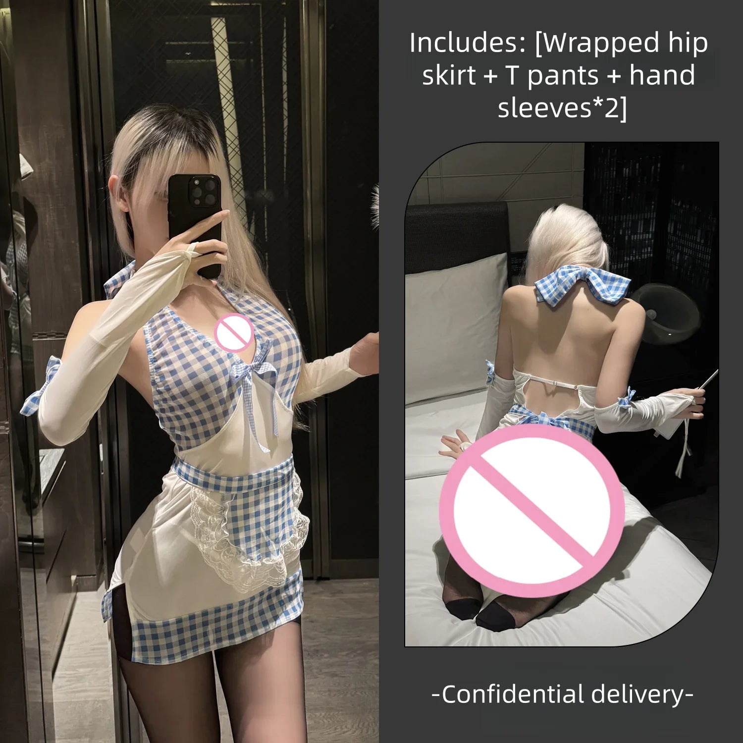 Pure Desire Blue Maid Halter Hips-hugging Dress Deep V Low-cut Backless Little Kitchen Maid Lingerie Fun Sleeping Dress