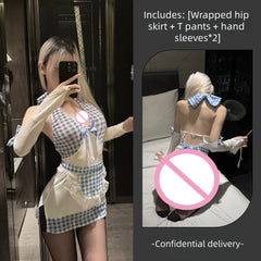 Pure Desire Blue Maid Halter Hips-hugging Dress Deep V Low-cut Backless Little Kitchen Maid Lingerie Fun Sleeping Dress