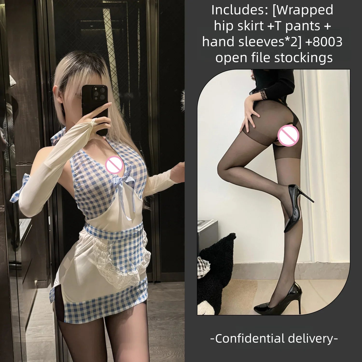 Pure Desire Blue Maid Halter Hips-hugging Dress Deep V Low-cut Backless Little Kitchen Maid Lingerie Fun Sleeping Dress
