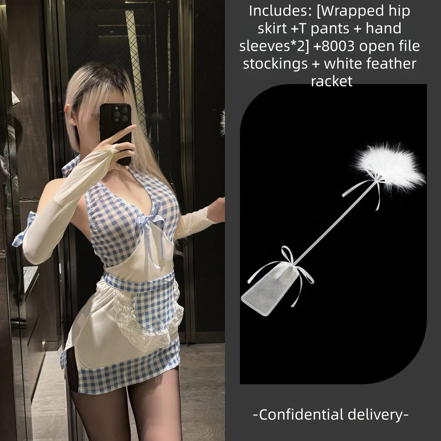 Pure Desire Blue Maid Halter Hips-hugging Dress Deep V Low-cut Backless Little Kitchen Maid Lingerie Fun Sleeping Dress