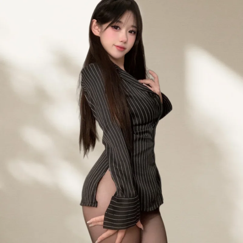 Secretary's Lingerie Professional Striped Shirt Long Black Pure Desire To Tuck in Waist High-end Outfit