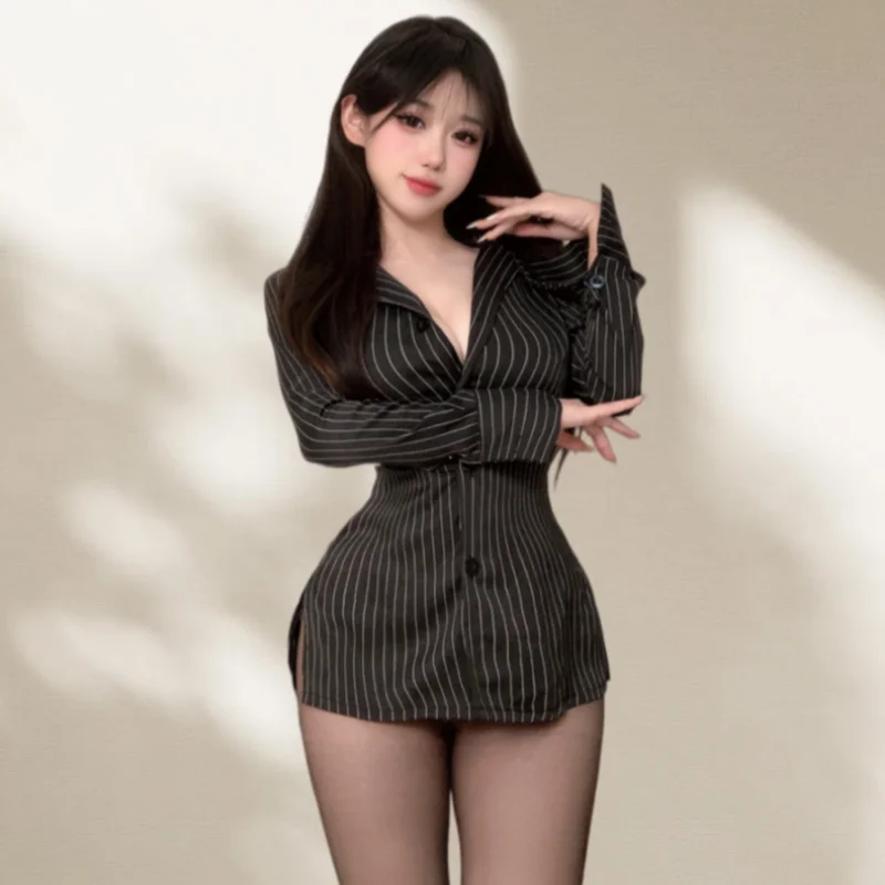 Secretary's Lingerie Professional Striped Shirt Long Black Pure Desire To Tuck in Waist High-end Outfit