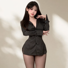 Secretary's Lingerie Professional Striped Shirt Long Black Pure Desire To Tuck in Waist High-end Outfit