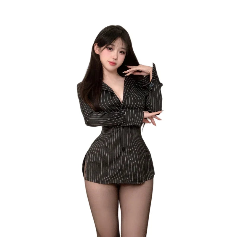 Secretary's Lingerie Professional Striped Shirt Long Black Pure Desire To Tuck in Waist High-end Outfit