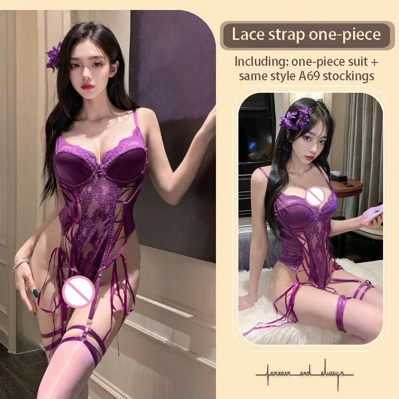 Seductive Bold Lingerie One-piece Garment PU Leather Splicing Lace Trim Gathering Bra Tight-fitting