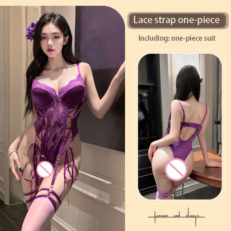 Seductive Bold Lingerie One-piece Garment PU Leather Splicing Lace Trim Gathering Bra Tight-fitting