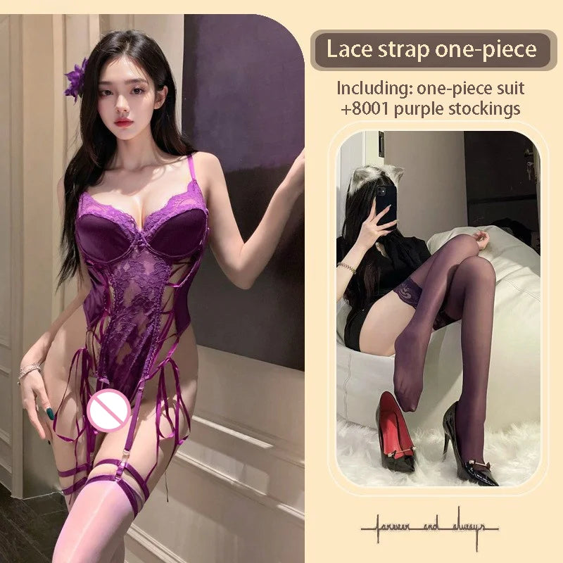 Seductive Bold Lingerie One-piece Garment PU Leather Splicing Lace Trim Gathering Bra Tight-fitting