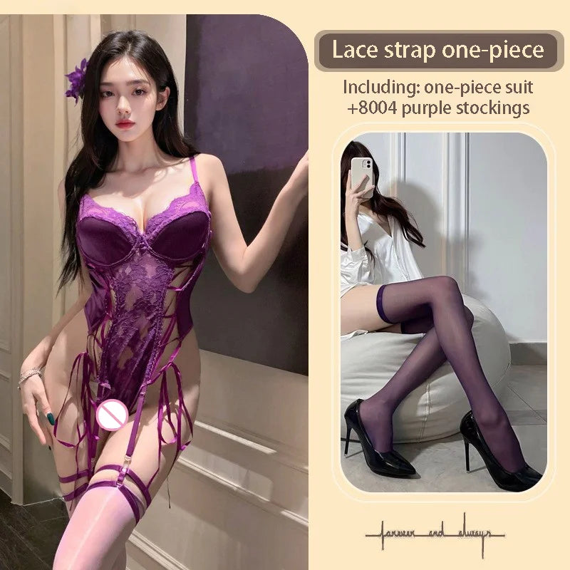 Seductive Bold Lingerie One-piece Garment PU Leather Splicing Lace Trim Gathering Bra Tight-fitting
