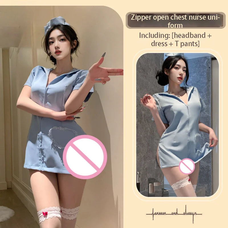 Seductive Bold Tempting Uniform Sweetheart Little Nurse Zipper Erotic Lingerie Role-playing Slit Butt-hugging Skirt