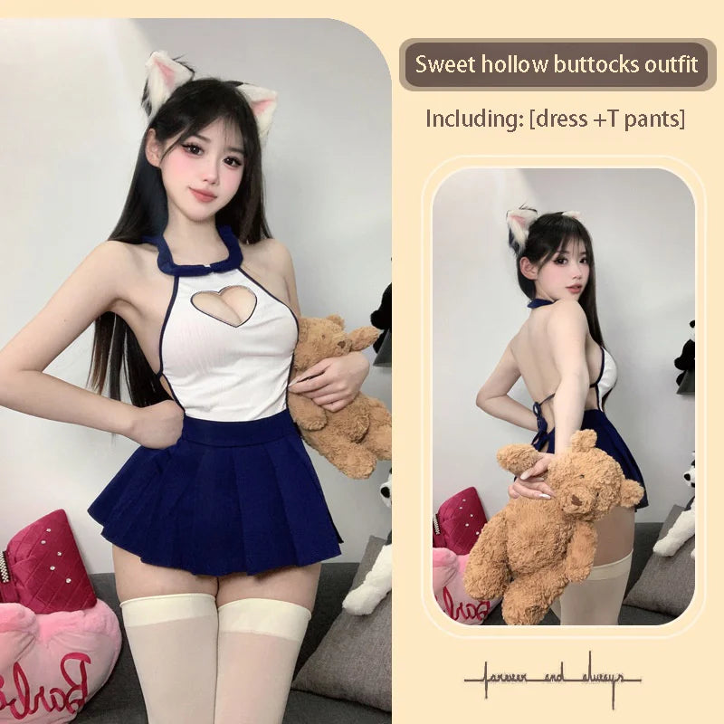 Seductive Daring Erotic Lingerie Ultra-short Backless Pure Desire Schoolgirl Student Uniform Seduction Role-playing Set