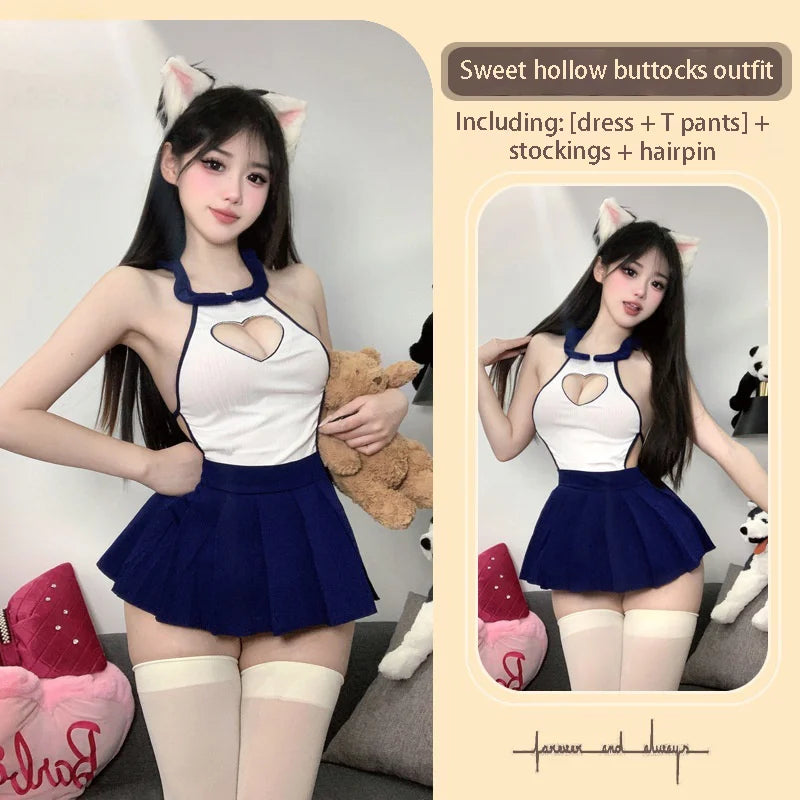 Seductive Daring Erotic Lingerie Ultra-short Backless Pure Desire Schoolgirl Student Uniform Seduction Role-playing Set