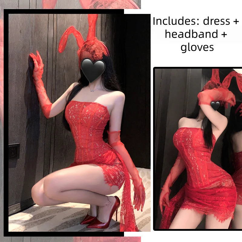 Seductive and Tempting Nightgown Lace Straps Slim Mesh Bra Fishbone Hip-hugging Skirt Seductive Erotic Lingerie