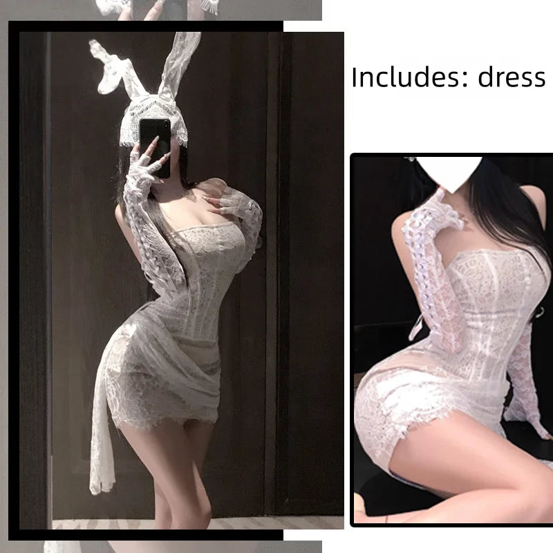 Seductive and Tempting Nightgown Lace Straps Slim Mesh Bra Fishbone Hip-hugging Skirt Seductive Erotic Lingerie