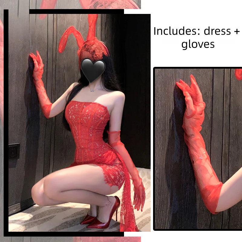 Seductive and Tempting Nightgown Lace Straps Slim Mesh Bra Fishbone Hip-hugging Skirt Seductive Erotic Lingerie