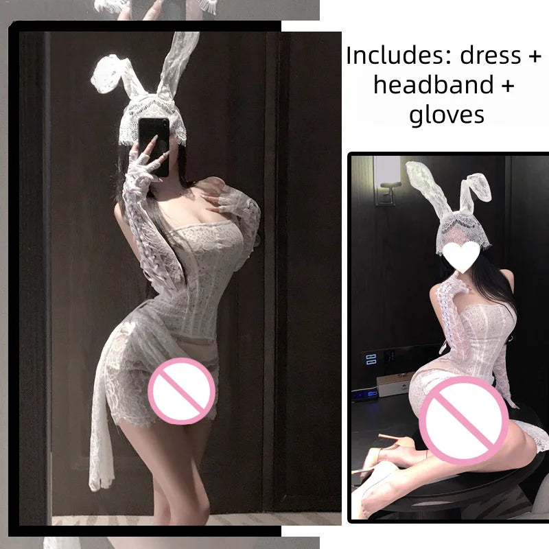 Seductive and Tempting Nightgown Lace Straps Slim Mesh Bra Fishbone Hip-hugging Skirt Seductive Erotic Lingerie