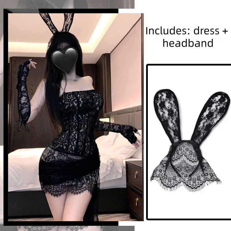 Seductive and Tempting Nightgown Lace Straps Slim Mesh Bra Fishbone Hip-hugging Skirt Seductive Erotic Lingerie