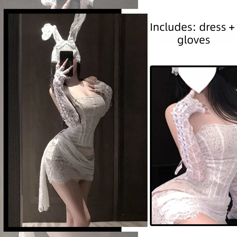 Seductive and Tempting Nightgown Lace Straps Slim Mesh Bra Fishbone Hip-hugging Skirt Seductive Erotic Lingerie
