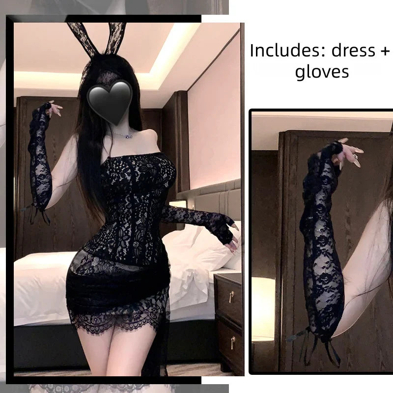 Seductive and Tempting Nightgown Lace Straps Slim Mesh Bra Fishbone Hip-hugging Skirt Seductive Erotic Lingerie