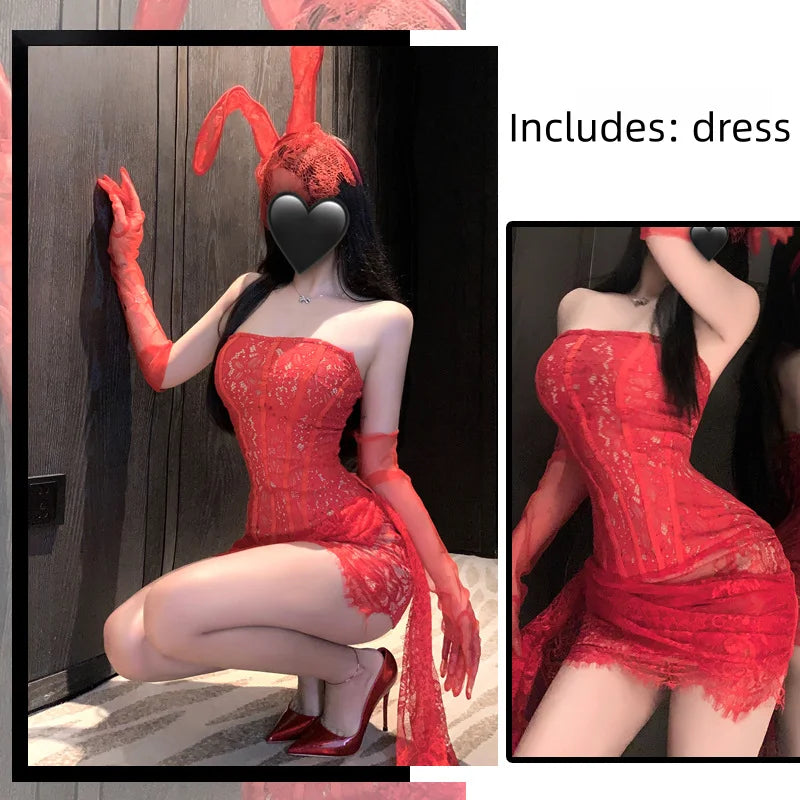 Seductive and Tempting Nightgown Lace Straps Slim Mesh Bra Fishbone Hip-hugging Skirt Seductive Erotic Lingerie