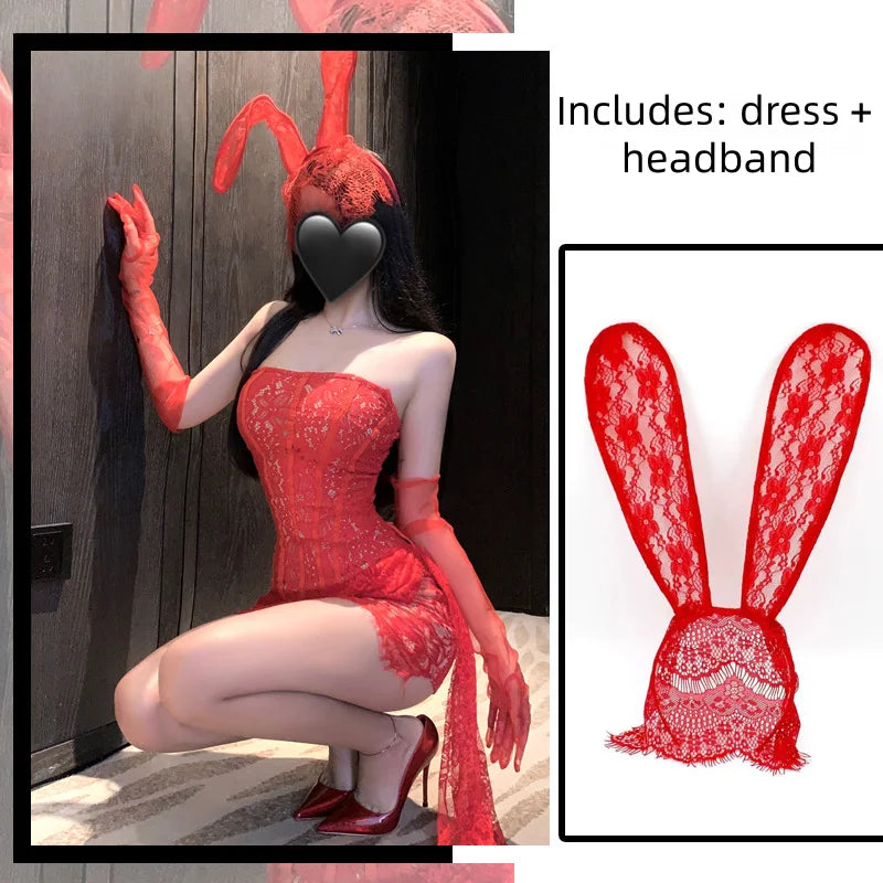 Seductive and Tempting Nightgown Lace Straps Slim Mesh Bra Fishbone Hip-hugging Skirt Seductive Erotic Lingerie