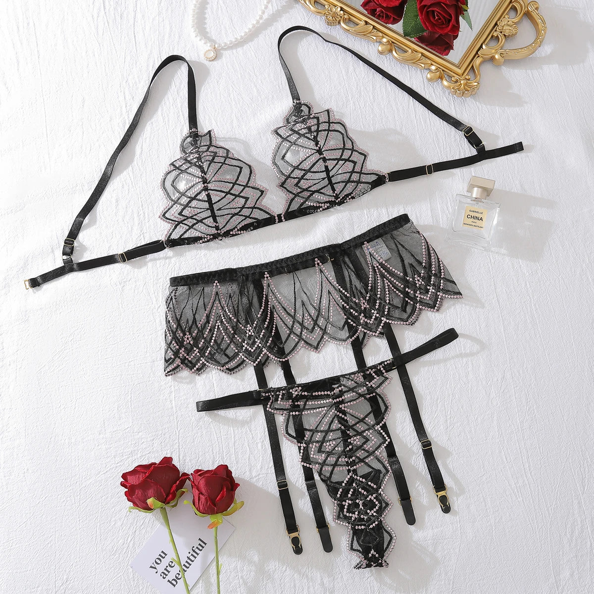 Gorgeous Bra Set Heavy Craft Erotic See-through Slimming Underwear Panty three-piece Set