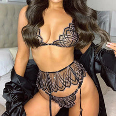 Gorgeous Bra Set Heavy Craft Erotic See-through Slimming Underwear Panty three-piece Set