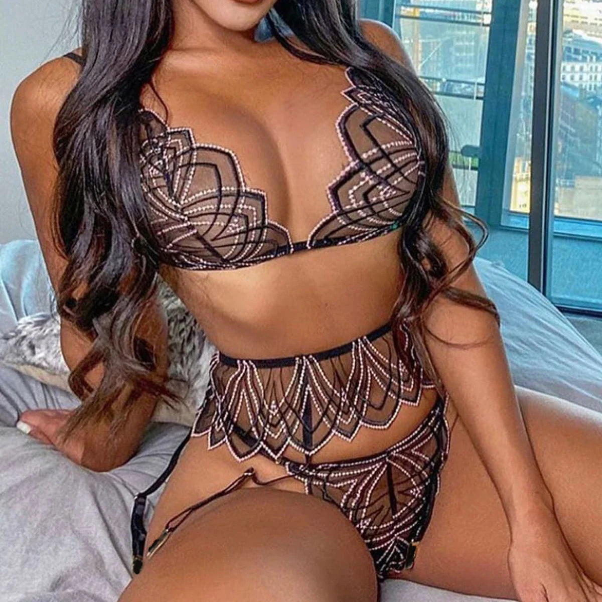 Gorgeous Bra Set Heavy Craft Erotic See-through Slimming Underwear Panty three-piece Set