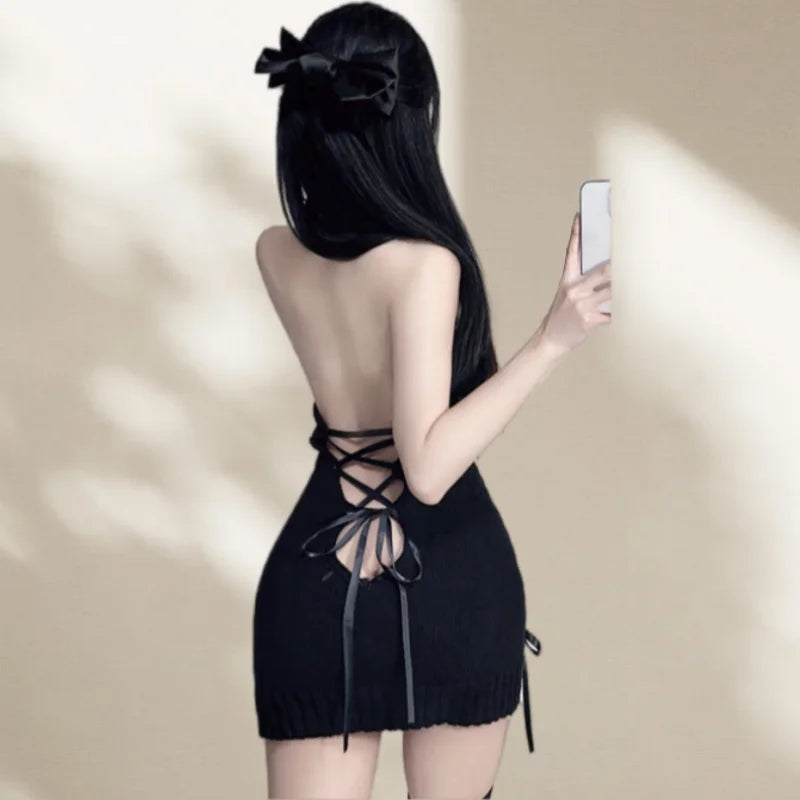 Lingerie Deep V-neck High Neck Knitted Sweater Plus Size Passionate Flirtatious No Take Off Short Skirt
